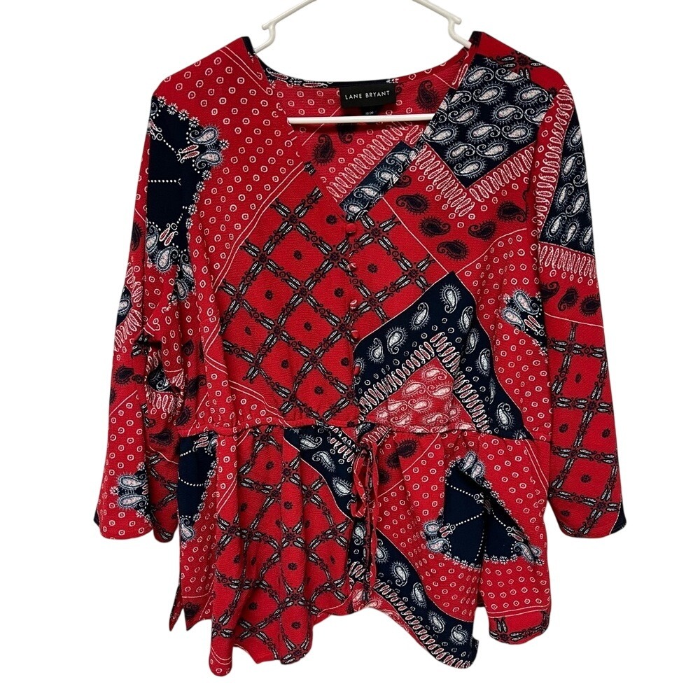 Lane Bryant Red 3/4 Sleeve V Neck Bandana Print Drawstring Waist Top SZ 18/20
